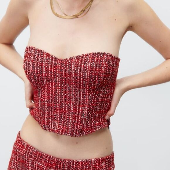 NWT Zara Textured Tweed Corset Strapless Top Size small tweed dark red burgundy - Picture 7 of 10